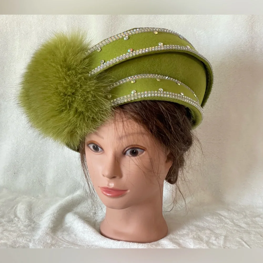 Stunning Mr D’s Vintage hat green wool and rhinestones Sunday church wedding